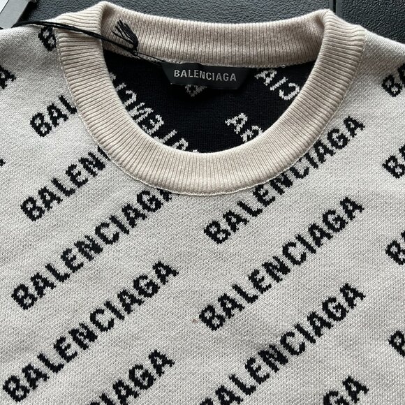 NWT Balenciaga Crewneck Knit Sweater White Cotton Wool Allover Mini Logo Sz L - Picture 6 of 11